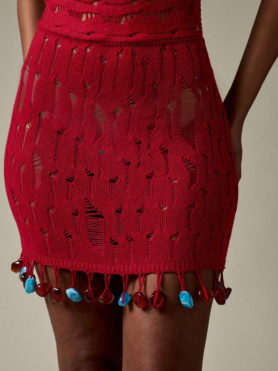 MISSGUIDED Crochet Beach Mini Dress Halter Backless Beaded Fringe Trim Plunge Neckline Summer Resort Wear Knit Party Dress Christmas