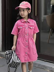 Vestido vaquero para niñas de Denimly, vestido vaquero versátil de moda casual para usar al aire libre y en la escuela, con botones delanteros y cintura elástica