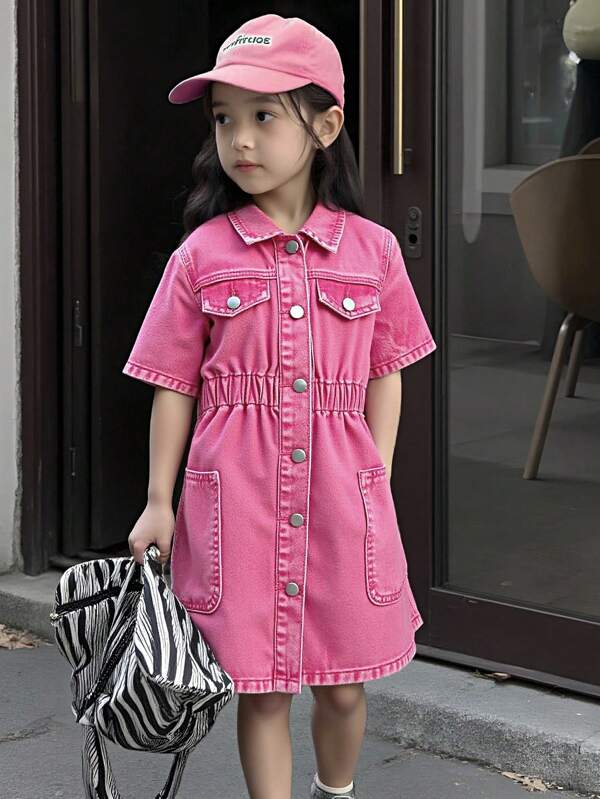 Denimly Girls Denim Dress, Fashionable Outdoor Casual Everyday Versatile School Girl Button Front Elastic Waist Washed Denim Dress