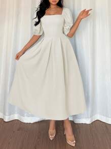 Elenzga 女式法式优雅简约通勤/办公室/商务休闲度假下午茶派对纯色方领荷叶边下摆 A 字泡泡袖短袖连衣裙，春夏