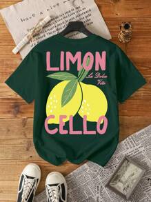 Camiseta de manga corta de cuello redondo con estampado de limones para mujeres de talla grande - Verde militar - Ver 3