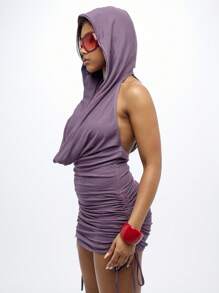 SUMWON WOMEN Hooded Ruched Mini Dress Draped Deep V-Neck Bodycon Side Drawstring Club Party Night Out Glamour Statement Winter Holiday Dress - Blue - View 5