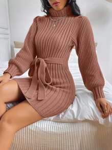 EURMUSE Turtleneck Ribbed Knit Belted Sweater Dress - Pink - View 5