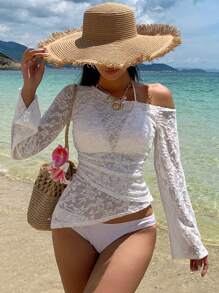 DAZY 新款春夏不对称肩部甜美休闲海滩度假不对称上衣女士上衣 - 白色 - 查看 1