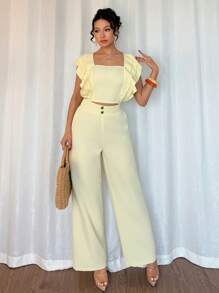 Rafferiza Conjunto de 2 piezas para mujer con top de cuello cuadrado elegante amarillo de manga abullonada y pantalones de pierna ancha, para verano - Amarillo - Ver 3