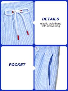 Zalmeno Men's Striped Print Drawstring Waist Beach Shorts Men Beach Wear - Baby Blue - View 6