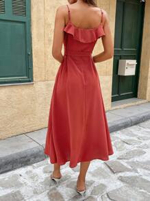 SHEIN Frenchy 女士优雅纯色荷叶边下摆无袖中长连衣裙，夏季 - 紅木色 - 查看 2