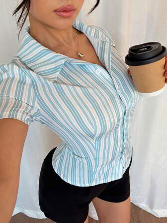 Roylia 短袖条纹开襟修身女式衬衫