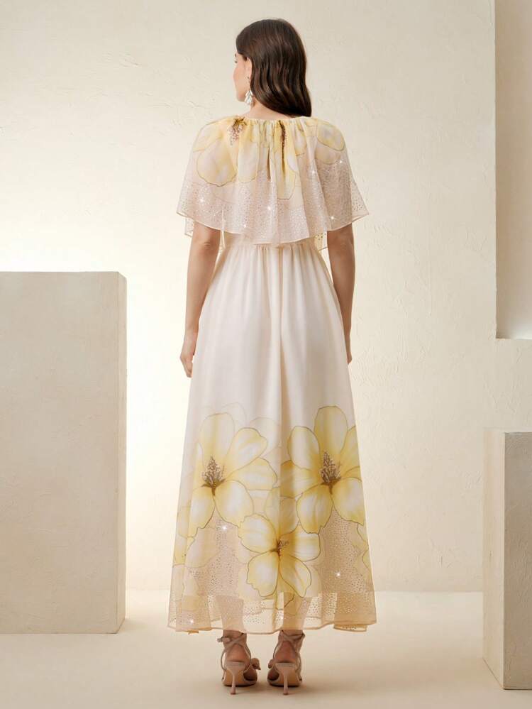 Summer Elegant Sexy Deep V-Neck Sheer Placement Floral Print Dress