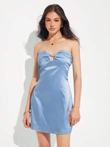 Roylia Women's Pleated Sweetheart Neck Romper Dress - Blue - View 4