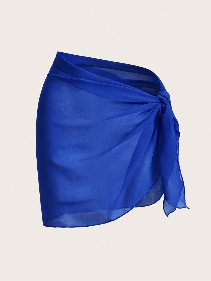 Swim Basics Summer Beach Solid Ruched Knot Side Cover Up Skirt - Royal Blue - View 1