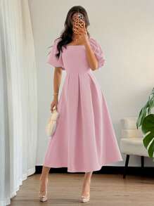 Elenzga 女式简约优雅法式圆领垂坠下摆 A 字短袖休闲办公室商务派对连衣裙，春夏季