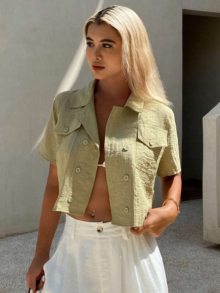 Solid Color Loose Double Breasted Pocket Short Sleeve Casual Summer Blouse For Women Linen,Crop Tops Women