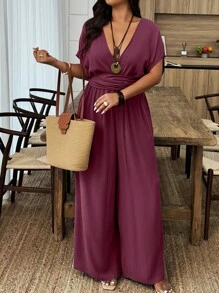 SHEIN Clasi Bộ đồ liền thân tay ngắn cánh dơi cổ chữ V sâu dành cho nữ cỡ lớn đi nghỉ mát gợi cảm - Màu đỏ tím - Xem 4