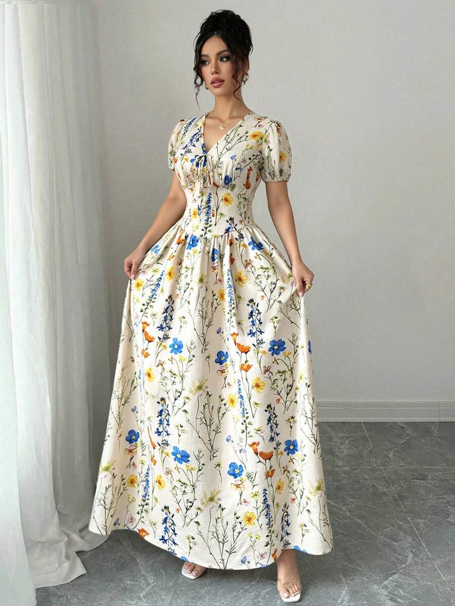 Elenzga Elegant Women's Summer Elegant Elastic Waist Puffed Sleeve Women's Long Dress,Maxi Dress. For Spring/Summer,Concert Women's Clothing,Elegant Suitable For Daily Commute, Music Festival, Holiday Wear