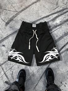 Manfinity EMRG Men's Flame Print Drawstring Waist Loose Casual Shorts - Black - View 3
