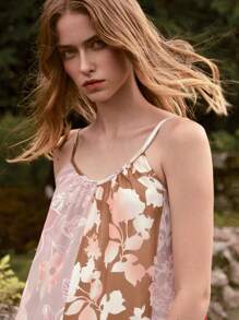 Lumivelle SummerHoliday Women's Fashionable European & American Style Flower Print Patchwork Loose Sleeveless Dress, Summer