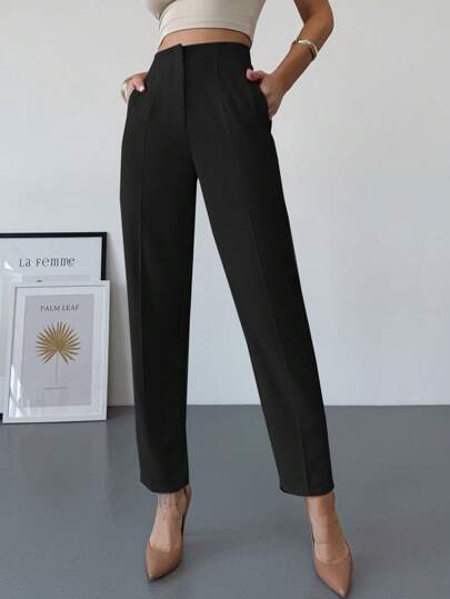 Firerie Women's Elegant Simple High Waist Pocket Zip Slim Fit Ankle Length Pants, Apricot Color, Suitable For Commuting, Office & Everyday