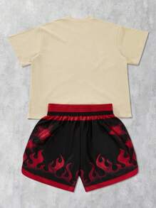 ROMWE MEN Street Life Men's Street Life Character Dark Y2K Streetwear Anime Graphic Print Short Sleeve T-Shirt And Boxing Shorts Set