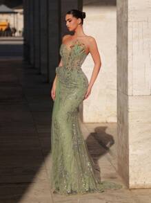 Glamrae 优雅奢华串珠亮片缎面拼接大腿高开衩美人鱼裙，带荷叶边，适合婚礼、单身派对、度假、庆典、正式活动（装饰版） - 軍綠色 - 查看 5