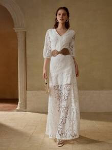 MOTF PREMIUM LACE BELTED DRESS - White - View 5