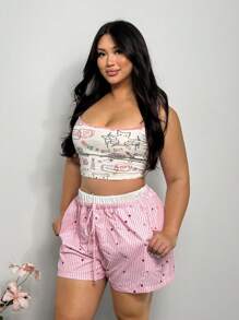 Firerie Plus Size Women Casual Loose Shorts With Elegant Color Blocking, Heart Stripes Print, Suitable For Spring/Summer, Vacation & Home, Comfy - Pink - View 7