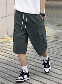 Claim Dot Men's Simple Casual Solid Color Drawstring Cargo Shorts - Grey - View 3