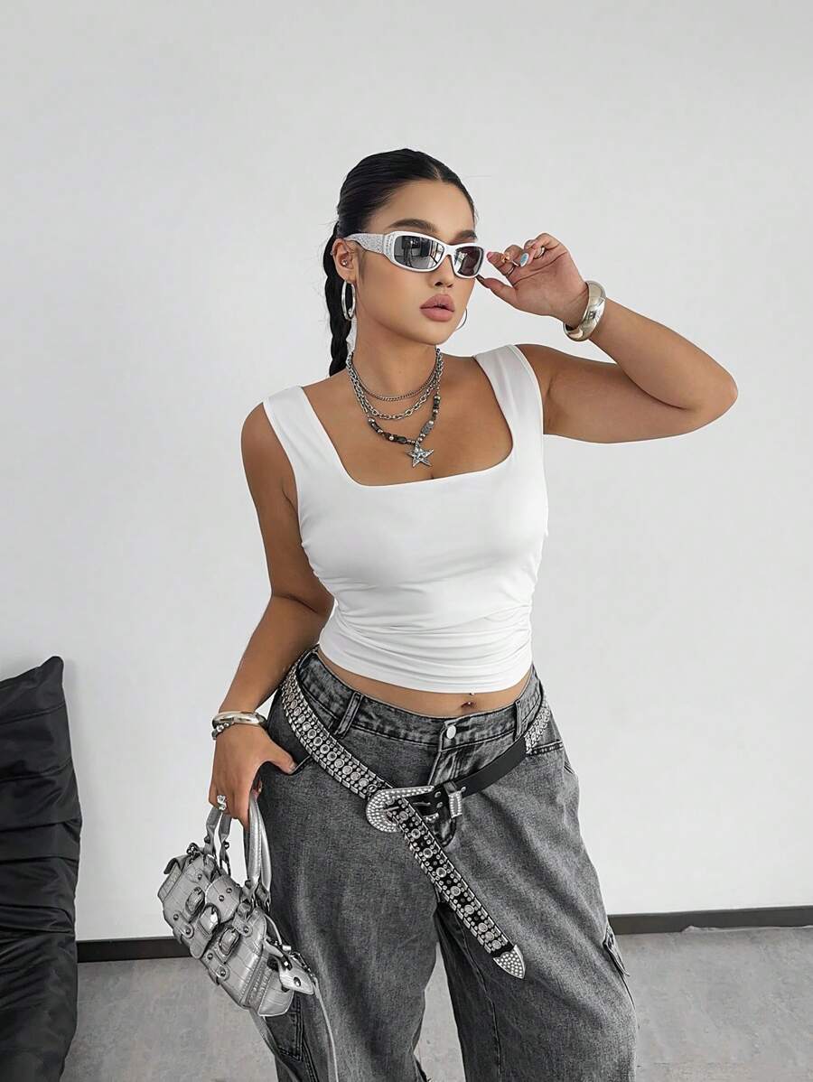 POPSWAY Plus Size Women's Solid Color Square Neck Casual Tank Top, Summer - White - View 1