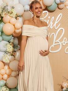 Loomaby Pregnant Women Solid Color Off Shoulder Pleated Elegant Short Sleeve Dress,Gender Reveal Dress,Maternity Dress,Baby Shower Dress - Khaki - View 5