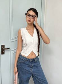 SHEIN Áo không tay cổ chữ V thoải mái, vừa vặn cho bé gái tuổi teen, viền áo bất đối xứng - trắng - Xem 1