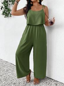 SHEIN Frenchy Plus Size Casual Holiday Textured Solid Color Jumpsuit - Green - View 1