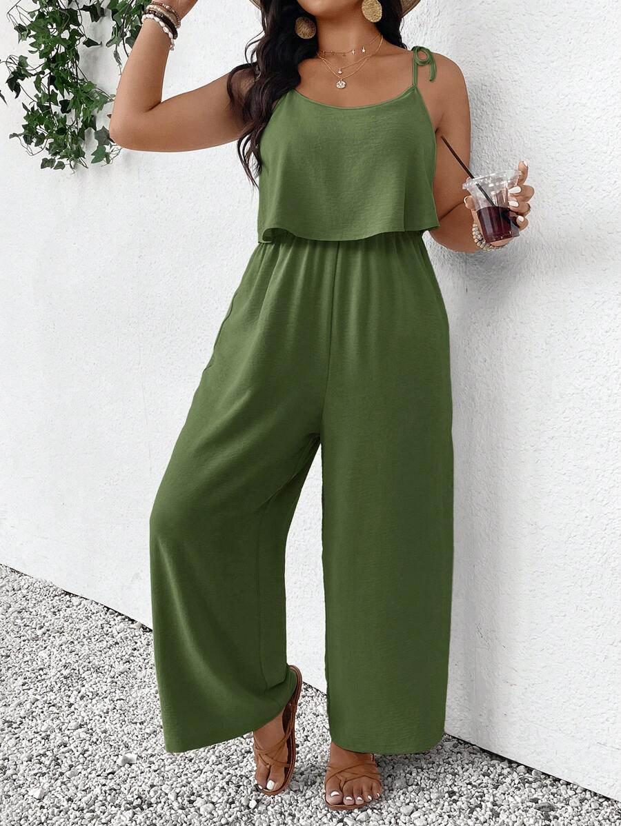 SHEIN Frenchy Plus Size Casual Holiday Textured Solid Color Jumpsuit - Green - View 1