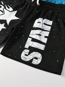 ROMWE MEN Men's Street Life Double Waistband Printed Rhinestone Embellished Shorts - Black - View 4