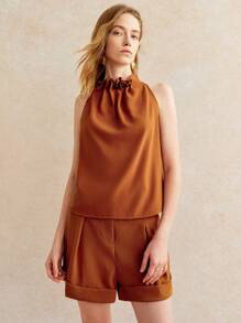 Écloséra Elegant Rust Brown Summer Two Pieces Suit For Ladies, Retro Halter Neck Sleeveless Fitted Pleated Beaded Mushroom Button Decorative Brunch Outfit - Rust Brown - View 1