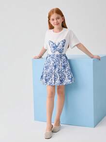 SHEIN Bộ 2 món áo thêu hình bướm và chân váy in hoa cho bé gái tuổi mới lớn - Nhiều màu - Xem 4