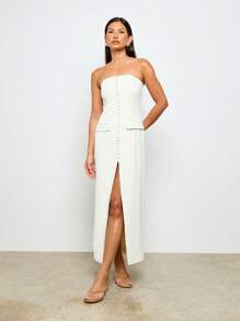 AiiRZ 无肩带晚礼服前开扣长裙高开衩婚礼宾客接待舞会服装正式场合及地长抹胸 - 白色 - 查看 1