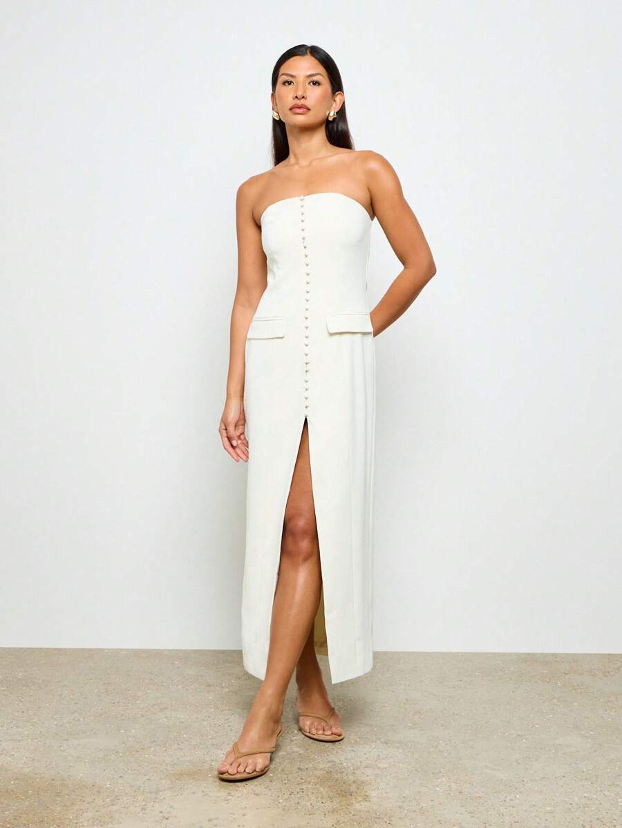 AiiRZ 无肩带晚礼服前开扣长裙高开衩婚礼宾客接待舞会服装正式场合及地长抹胸 - 白色 - 查看 1