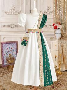 Tween Girls Elegant Color Block Floral Print Puff Sleeve Dress - Green - View 2