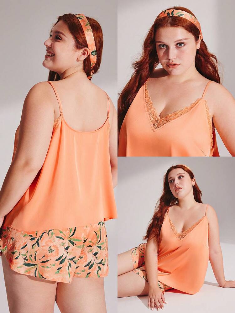 플러스 실키 새틴 레이스 트림 오렌지 V넥 휴가 플로럴 패턴 캐미솔 탑 & 반바지 통기성 라운지웨어 잠옷 세트 여성 란제리용 파격적인 섹시함, 봄과 여름