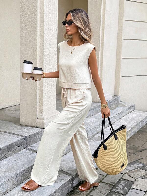 SHEIN Frenchy Women's French Summer Solid Color Butter Yellow Linen 2pcs Women Solid Color Sleeveless Crew Neck Linen Back Button Top And Pants Set,Linen Sleeveless 2-Piece Pants Set Fashionable For Summer Office Commuting Set,Summer Sets,For Daily Wear,French Holiday Outfits Summer Sets 4th Of July Graduation Outfit Holiday Outfits Western Wear Women Teacher Outfits For Women Vacation Two Pieces Set