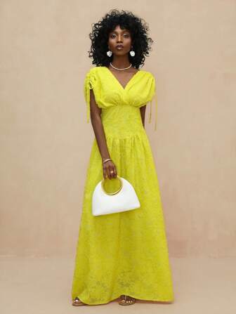 Vesra 女式V领雪纺镂空蝙蝠袖束腰长裙