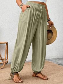 SHEIN Clasi Quần vải kết cấu xếp ly lưng thun co giãn thời trang xuân/hè thanh lịch cho nữ, cỡ lớn - màu xanh lá - Xem 4