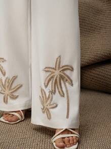 Anewsta 女士优雅高档串珠刺绣下摆中腰裤 - 白色 - 查看 1