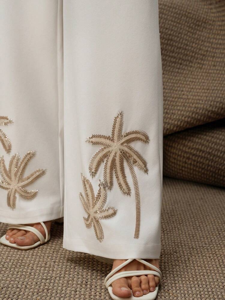 Women's Elegant High-Grade Beaded Embroidery Hem Mid-Waist Pants