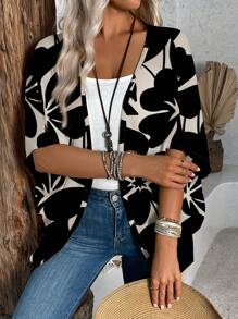 EMERY ROSE Plus Size Women Casual Minimalist Apricot Floral Print Lightweight Jacket, Suitable For Spring & Summer Autumn Women Cardigan,Fall Clothes For Women - Multicolor - View 2