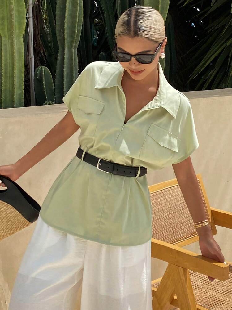 Women Short Sleeve Zip-Up Solid Color Casual Shirt With Pocket, Summer