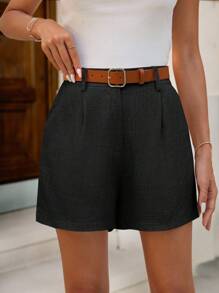 SHEIN Clasi Summer Holiday Casual Solid Color Linen Shorts - Black - View 5