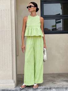 Siren Gaze 2025年波西米亚风夏季女装：格子荷叶边无袖露背上衣和阔腿裤套装 - 适合度假、节日、海滩休闲两件套，采用透气亚麻质感面料。女士夏季服装，女士夏季套装，夏季服装，夏季工作装，女士连衣裙，格子套装，格子两件套，夏季两件套，野餐服，女士绿色格子套装，格子图案 - 青檸色 - 查看 6