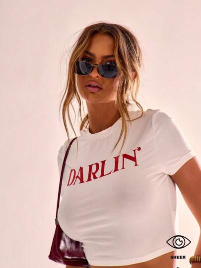 MUSERA Darlin' Print Crop Cap Sleeve Top Graphic Tees Casual Boho Vacation Sexy Elegant Ibiza Hoedown Western Graphic Tee Airport Holiday Fall Autumn Winter  Party