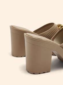 CUCCOO BASICS Women's Round Toe Thick Sole Metal Chain Apricot Knitted Material Comfortable Slip-On Sandals, Peep-Toe High Heel Mule Sandals